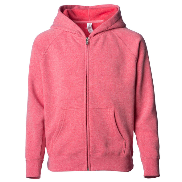Front of a pomegranate pink children's zip-up hoodie with a kangaroo pocket.