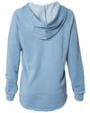 Back of a long sleeve pastel blue pullover hoodie.