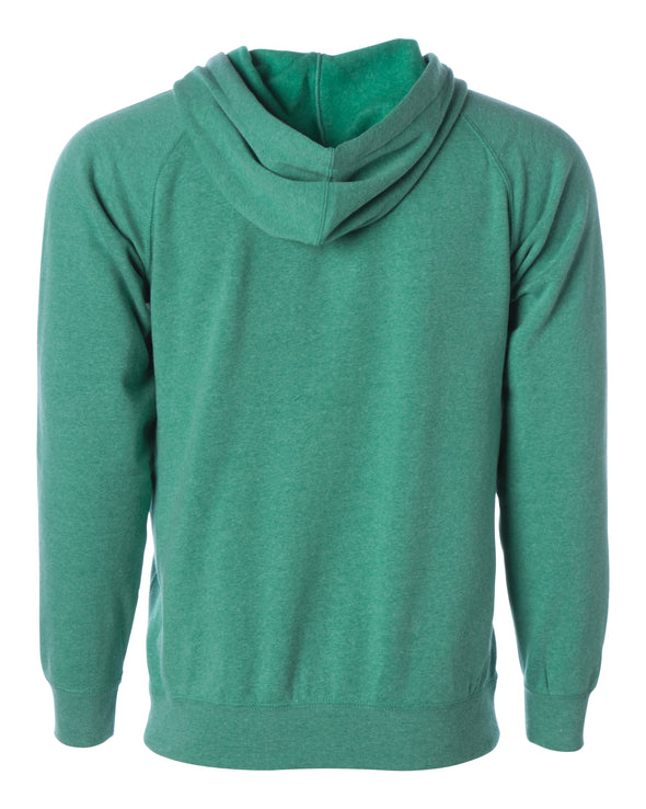 Back of a sea green fleece zip-up hoodie.