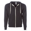 Front of black french terry zip-up hoodie with front pockets, white drawstrings, and thumbholes.