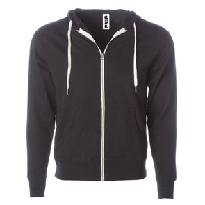 Front of black french terry zip-up hoodie with front pockets, white drawstrings, and thumbholes.