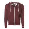 Front of burgundy french terry zip-up hoodie with front pockets, white drawstrings, and thumbholes.