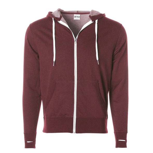 Front of burgundy french terry zip-up hoodie with front pockets, white drawstrings, and thumbholes.