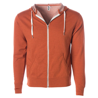 Front of burnt orange french terry zip-up hoodie with front pockets, white drawstrings, and thumbholes.