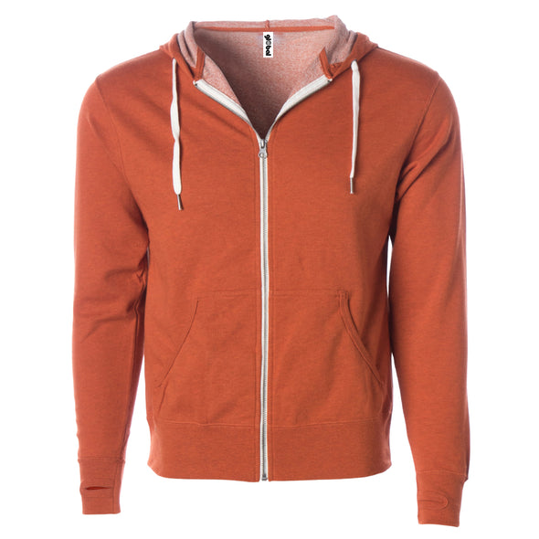 Front of burnt orange french terry zip-up hoodie with front pockets, white drawstrings, and thumbholes.