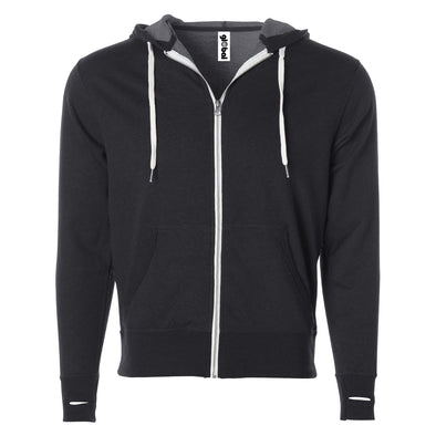 Front of charcoal gray french terry zip-up hoodie with front pockets, white drawstrings, and thumbholes.