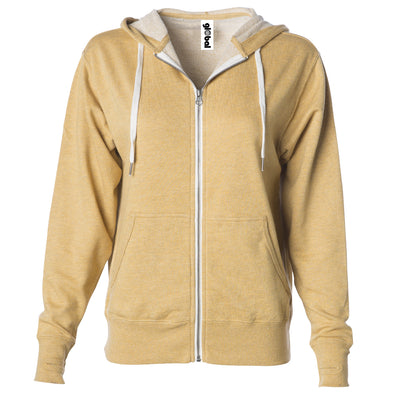 Front of golden yellow french terry zip-up hoodie with front pockets, white drawstrings, and thumbholes.