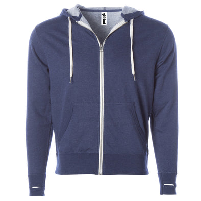 Front of navy french terry zip-up hoodie with front pockets, white drawstrings, and thumbholes.