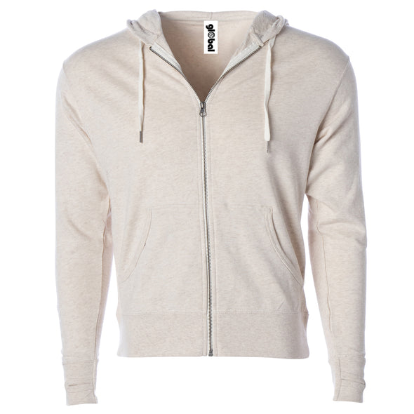 Front of beige french terry zip-up hoodie with front pockets, white drawstrings, and thumbholes.