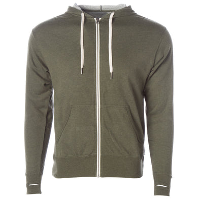 Front of olive green french terry zip-up hoodie with front pockets, white drawstrings, and thumbholes.