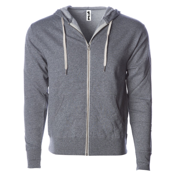 Front of gray french terry zip-up hoodie with front pockets, white drawstrings, and thumbholes.
