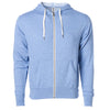 Front of sky blue french terry zip-up hoodie with front pockets, white drawstrings, and thumbholes.