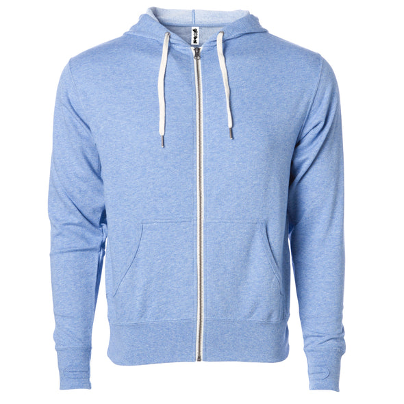 Front of sky blue french terry zip-up hoodie with front pockets, white drawstrings, and thumbholes.