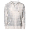 Front of beige and gray striped french terry zip-up hoodie with front pockets, white drawstrings, and thumbholes.