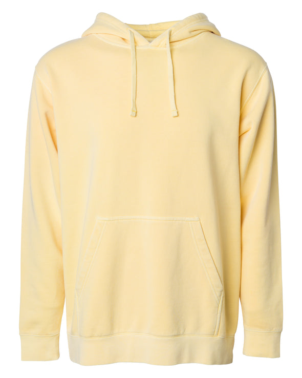 Front of a pastel yellow pullover hoodie with a kangaroo pocket.