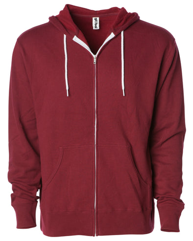 Front of a burgundy zip-up fleece hoodie with front pockets and a white drawstring.