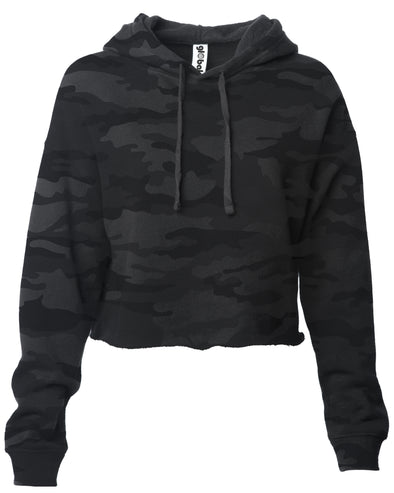 Front of a black camouflage long sleeve crop top hoodie.