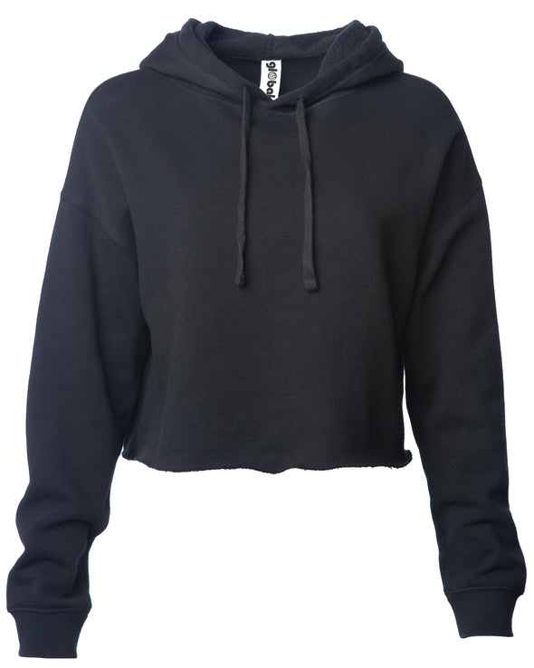 Front of a black long sleeve crop top hoodie.