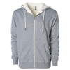 Front of a heather gray zip up sherpa lined hoodie with two drawstrings.