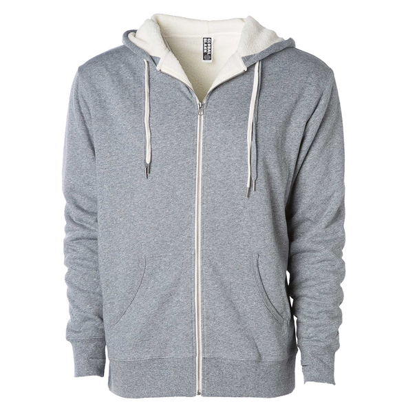 Front of a heather gray zip up sherpa lined hoodie with two drawstrings.