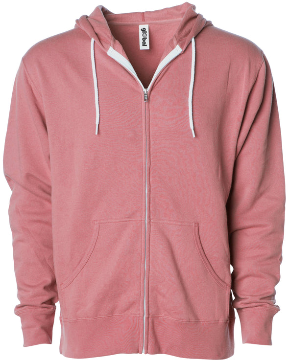 Front of a rose pink zip-up fleece hoodie with front pockets and a white drawstring.