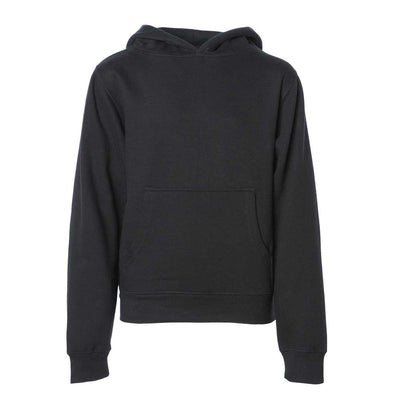 Front of children's black long-sleeve pullover hoodie with kangaroo pocket.