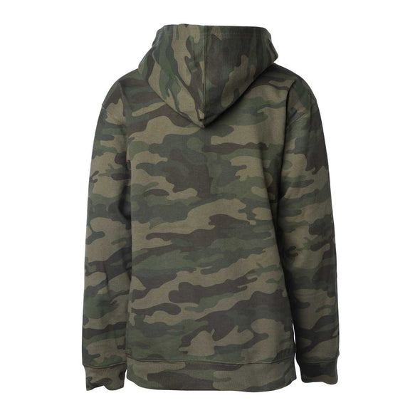 Back of children's green camouflage long-sleeve pullover hoodie.