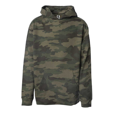 Front of children's green camouflage long-sleeve pullover hoodie with kangaroo pocket.