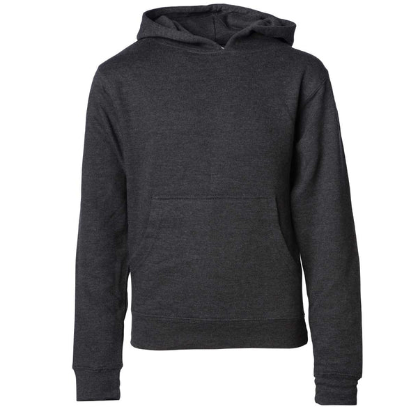 Front of children's charcoal gray long-sleeve pullover hoodie with kangaroo pocket.