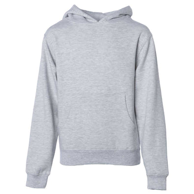 Front of children's heather gray long-sleeve pullover hoodie with kangaroo pocket.
