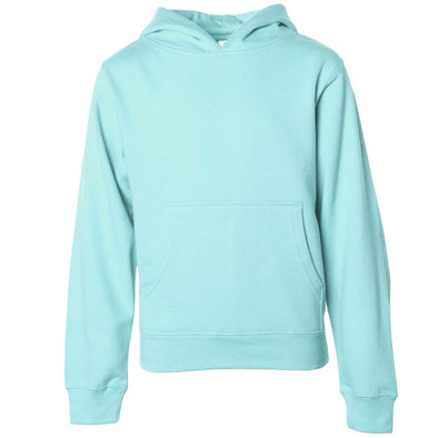 Front of children's mint green long-sleeve pullover hoodie with kangaroo pocket.