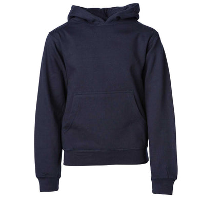 Front of children's navy long-sleeve pullover hoodie with kangaroo pocket.