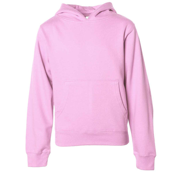Front of children's pink long-sleeve pullover hoodie with kangaroo pocket.