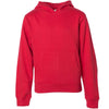 Front of children's red long-sleeve pullover hoodie with kangaroo pocket.