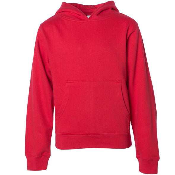 Front of children's red long-sleeve pullover hoodie with kangaroo pocket.