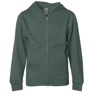 Front of children's alpine green zip-up long-sleeve hoodie with front pockets.