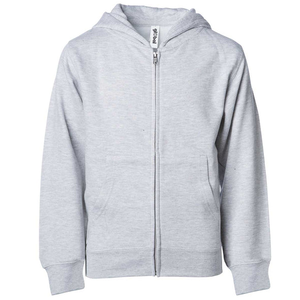 Front of children's light gray zip-up long-sleeve hoodie with front pockets.