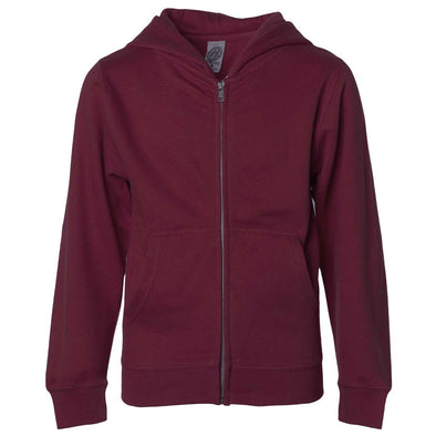 Front of children's maroon zip-up long-sleeve hoodie with front pockets.