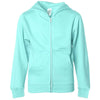 Front of children's mint green zip-up long-sleeve hoodie with front pockets.