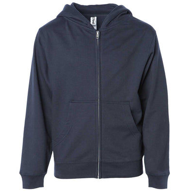 Front of children's navy zip-up long-sleeve hoodie with front pockets.