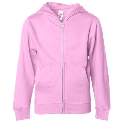 Front of children's pink zip-up long-sleeve hoodie with front pockets.