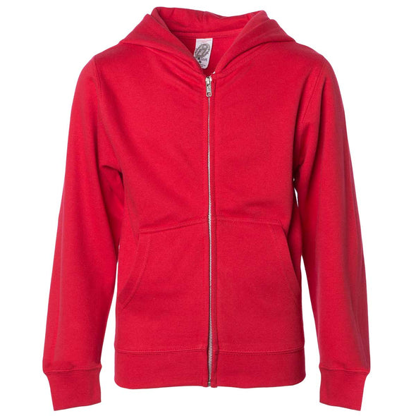 Front of children's red zip-up long-sleeve hoodie with front pockets.