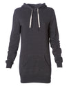 Front of a charcoal gray long-sleeve sweater dress with a kangaroo pocket and hood.
