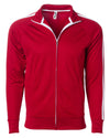Front of a red zip-up track jacket with two vertical white stripes along the sleeves and an open collar.