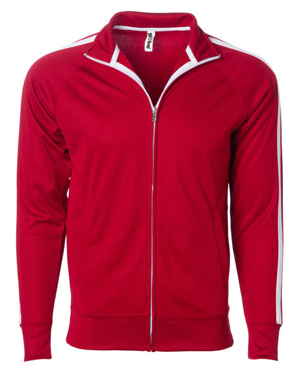 Front of a red zip-up track jacket with two vertical white stripes along the sleeves and an open collar.