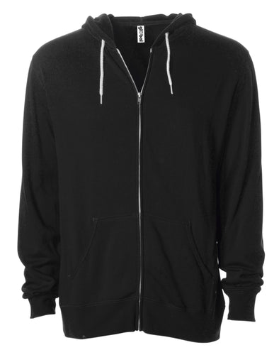 Front of a black zip-up fleece hoodie with front pockets and a white drawstring.