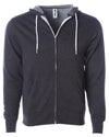 Front of a charcoal gray zip-up fleece hoodie with front pockets and a white drawstring.