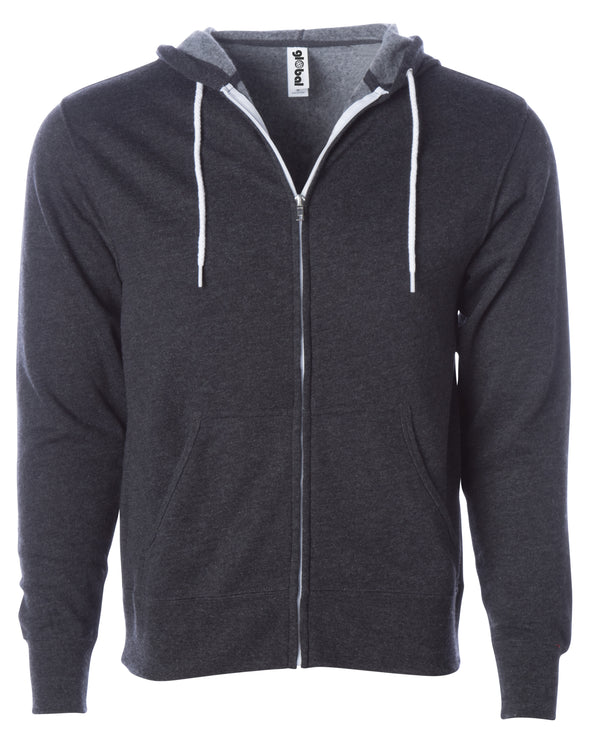 Front of a charcoal gray zip-up fleece hoodie with front pockets and a white drawstring.