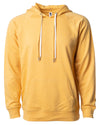 Front of a golden yellow french terry pullover hoodie with a kangaroo pocket and two drawstrings.