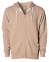 Front of a tan zip-up fleece hoodie with front pockets and a white drawstring.